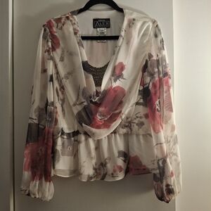 Alex Evenings Floral Sheer Women's Blouse with Pink and Gray Accents